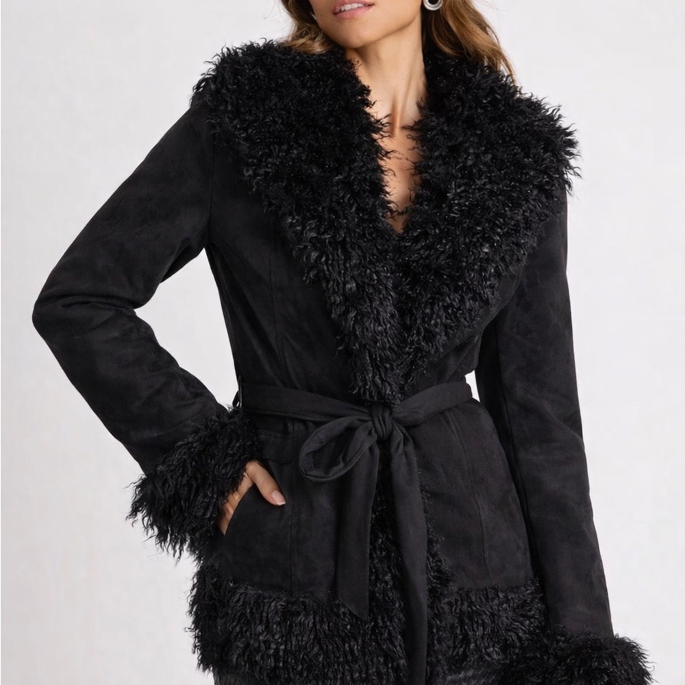 NWT SUNDAY EDITION Black Faux-Shearling Trim Belted Coat